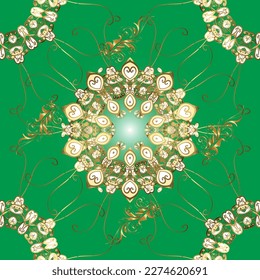 Patrón dorado en tonos marrón, verde y beige con elementos dorados. Patrón sin costuras de oro vectorial. Fondo, tela, papel pintado de oro. Colección de vintage dibujada a mano plana.