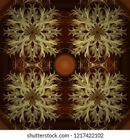 Golden pattern on brown, neutral and yellow colors with golden elements. Seamless classic golden pattern. Vector traditional orient ornament.