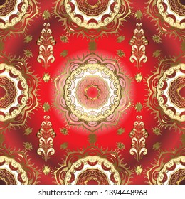Golden pattern on brown and red colors with golden elements. Vector golden seamless pattern. Flat hand drawn vintage collection. Backdrop, fabric, gold wallpaper.