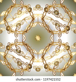 Golden pattern on a brown, yellow and beige colors with golden elements. Raster vintage baroque floral seamless pattern in gold. Luxury, royal and Victorian concept. Ornate decoration.