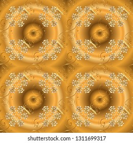 Golden pattern on brown and yellow colors with golden elements. Seamless classic golden pattern. Vector traditional orient ornament.