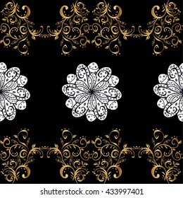 Golden pattern on colors with with white doodles. Oriental style arabesques. Vector golden pattern. Seamless golden textured curls.