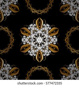 Golden pattern on colors with white doodles. Seamless golden textured curls in oriental style arabesques. Vector golden pattern.
