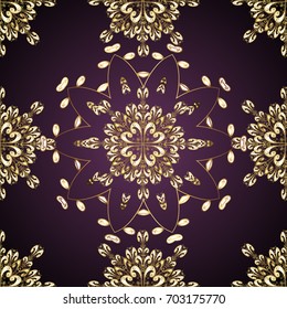 Golden pattern on dark background with golden elements. Backdrop, fabric, gold wallpaper. Flat hand drawn vintage collection.