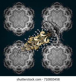 Golden pattern on dark background with golden elements. Backdrop, fabric, gold wallpaper. Vector golden. Flat hand drawn vintage collection.