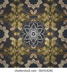 Golden pattern on gray background with golden elements. Flat hand drawn vintage collection. Backdrop, fabric, gold wallpaper. Vector golden.