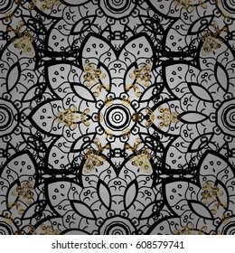 Golden pattern on gray background with golden elements. Ornate vector decoration. Seamless damask pattern background for wallpaper design in the style of Baroque.