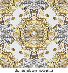 Golden pattern on gray background with golden elements. Traditional classic golden pattern. Seamless oriental ornament in the style of baroque. Vector oriental ornament.