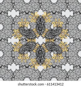 Golden pattern on gray background with golden elements. Seamless damask classic white and golden pattern. Vector abstract background with repeating elements.