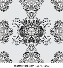 Golden pattern on gray background with golden elements. Seamless pattern oriental ornament. Vector golden textile print. Islamic design. Floral tiles.