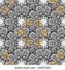 Golden pattern on gray background with golden elements. Seamless damask classic gray and golden pattern. Vector abstract background with repeating elements.