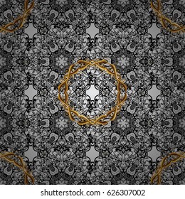 Golden pattern on gray background with dim doodles. Vector golden pattern. Seamless golden textured curls in oriental style arabesques.