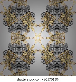 Golden pattern on gray background with golden elements. Seamless oriental ornament in the style of baroque. Vector oriental ornament. Traditional classic golden pattern.