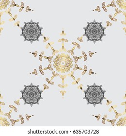 Golden pattern on gray background with golden elements. Islamic design. Seamless pattern oriental ornament. Vector golden textile print. Floral tiles.