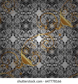Golden pattern on gray background with golden elements. Backdrop, fabric, gold wallpaper. Vector golden seamless pattern. Flat hand drawn vintage collection.