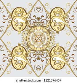 Golden pattern on gray, beige and brown colors with golden elements. Ornamental golden pattern. Vector oriental ornament.