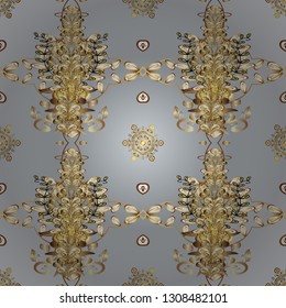 Golden pattern on gray and beige colors with golden elements. Seamless classic golden pattern. Vector traditional orient ornament.