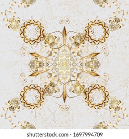 Golden pattern on gray and beige colors with golden elements. Ornate decoration. Vector vintage baroque floral pattern in gold. Luxury, royal and Victorian concept.