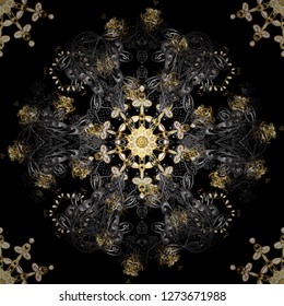 Golden pattern on gray and black colors with golden elements. Seamless golden pattern. Vector oriental ornament.