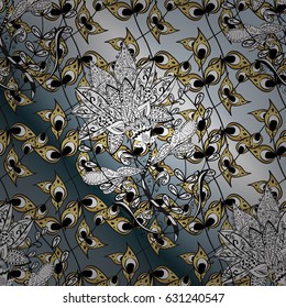 Golden pattern on gray gradient background with golden elements. Ornate decoration. Vector vintage baroque floral ornamental pattern in gold. Luxury, royal and Victorian concept.