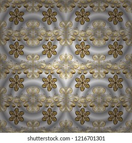 Golden pattern on gray, neutral and beige colors with golden elements. Classic vintage background. Ornamenta classic vector golden pattern. Traditional orient ornament.