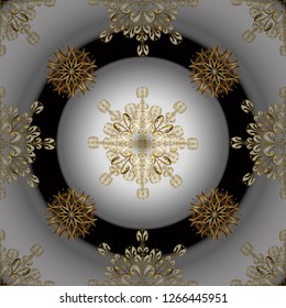 Golden pattern on gray and neutral colors with golden elements. Backdrop, fabric, gold wallpaper. Flat hand drawn vintage collection. Vector golden seamless pattern.