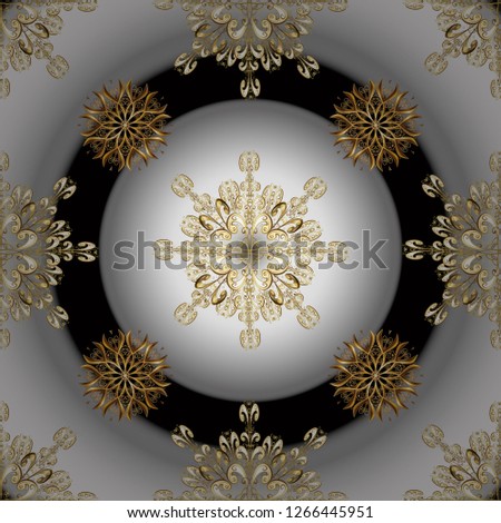 Golden pattern on gray and neutral colors with golden elements. Backdrop, fabric, gold wallpaper. Flat hand drawn vintage collection. Vector golden seamless pattern.