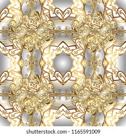 Golden pattern on gray, white and yellow colors with golden elements. Floral tiles. Vector golden textile print. Ornamental pattern oriental ornament. Islamic design.
