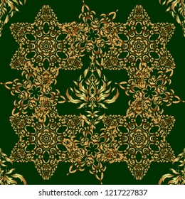 Golden pattern on green background. Luxury gold seamless pattern with abstract vector elements.