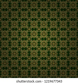 Golden pattern on green background. Luxury gold seamless pattern with abstract vector elements.