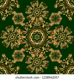 Golden pattern on green background. Luxury gold seamless pattern with abstract vector elements.