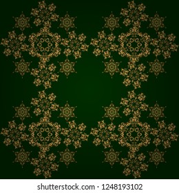 Golden pattern on a green background. Vintage sketch. Elegant retro vector seamless pattern.