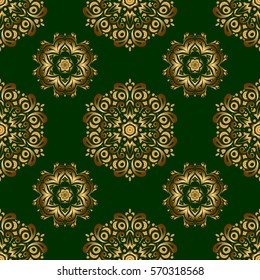 Golden pattern on a green background. Vintage sketch. Elegant retro vector seamless pattern.