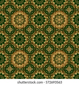 Golden pattern on green background. Luxury gold seamless pattern with abstract vector elements.