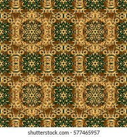 Golden pattern on green background. Luxury gold seamless pattern with abstract vector elements.