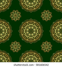 Golden pattern on green background. Luxury gold seamless pattern with abstract vector elements.