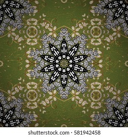 Golden pattern on green background with golden elements. Ornate vector decoration. Damask pattern background for wallpaper design in the style of Baroque.