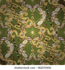 Golden pattern on green background with golden elements. Vintage pattern on green background with golden elements. Christmas, snowflake, new year.