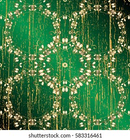 Golden pattern on green background with golden elements. Ornate decoration. Vector vintage baroque floral pattern in gold. Luxury, royal and Victorian concept.