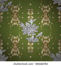 Golden pattern on green background with white doodles. Vector golden pattern. Golden textured curls in oriental style arabesques.