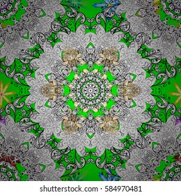 Golden pattern on green background with golden elements. Vector geometric background. For your design, wallpaper. Golden color seamless illustration.