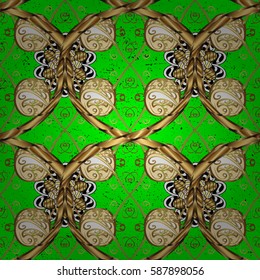 Golden pattern on green background with golden elements. Seamless classic vector golden pattern. Classic vintage background. Traditional orient ornament.