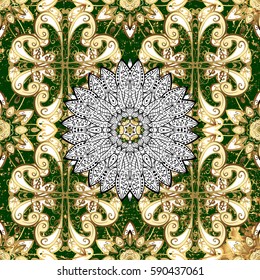 Golden pattern on green background with golden elements. Vintage pattern on green background with golden elements. Christmas, snowflake, new year.