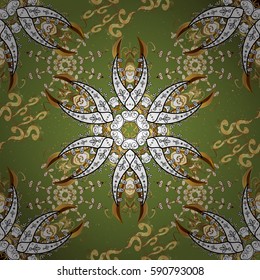 Golden pattern on green background with golden elements. Vintage pattern on green background with golden elements. Christmas, snowflake, new year.
