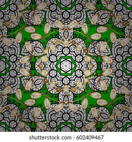 Golden pattern on green background with golden elements. Pattern oriental ornament. Floral tiles. Vector golden textile print. Islamic design.
