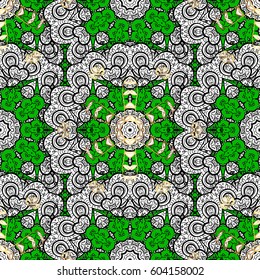 Golden pattern on green background with golden elements. Luxury, royal and Victorian concept. Ornate decoration. Vector vintage baroque floral pattern in gold.