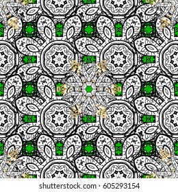 Golden pattern on green background with golden elements. Traditional orient ornament. Classic vector golden pattern. Classic vintage background.
