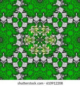 Golden pattern on green background with golden elements. Golden pattern. Vector oriental ornament.