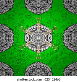 Golden pattern on green background with golden elements. Classic golden pattern. Vector traditional orient ornament.