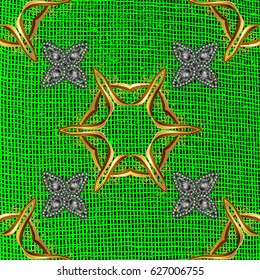 Golden pattern on green background with golden elements. Vintage pattern on green background with golden elements. Christmas, snowflake, new year.